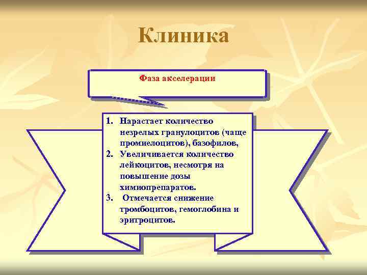 Клиника Фаза акселерации 1. Нарастает количество незрелых гранулоцитов (чаще промиелоцитов), базофилов, 2. Увеличивается количество