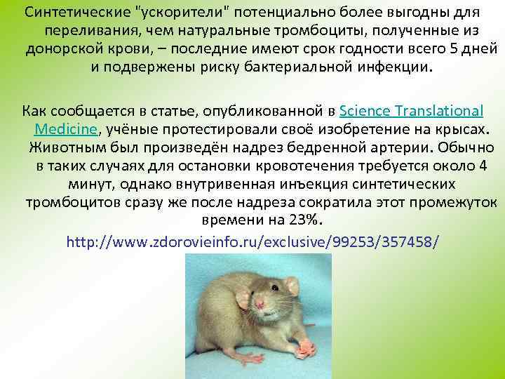 Синтетические "ускорители" потенциально более выгодны для переливания, чем натуральные тромбоциты, полученные из донорской крови,