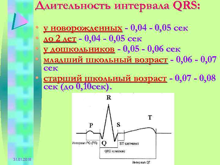 Длительность интервала QRS: • • у новорожденных - 0, 04 - 0, 05 сек