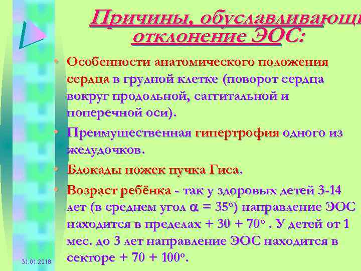 Причины, обуславливающи отклонение ЭОС: • Особенности анатомического положения сердца в грудной клетке (поворот сердца