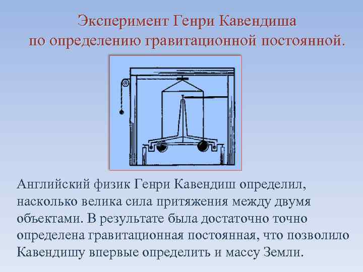 Эксперимент Генри Кавендиша по определению гравитационной постоянной. Английский физик Генри Кавендиш определил, насколько велика