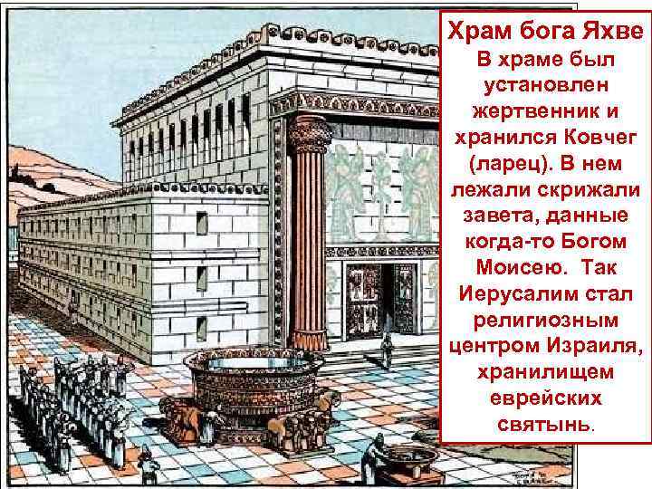 Храм бога Яхве В храме был установлен жертвенник и хранился Ковчег (ларец). В нем