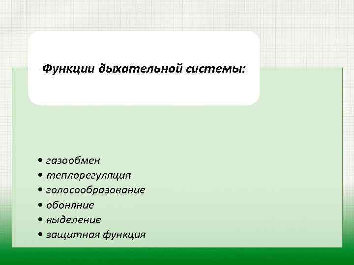 Функции дыхательной системы: • газообмен • теплорегуляция • голосообразование • обоняние • выделение •