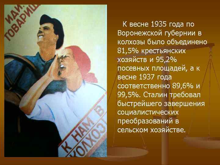К весне 1935 года по Воронежской губернии в колхозы было объединено 81, 5% крестьянских