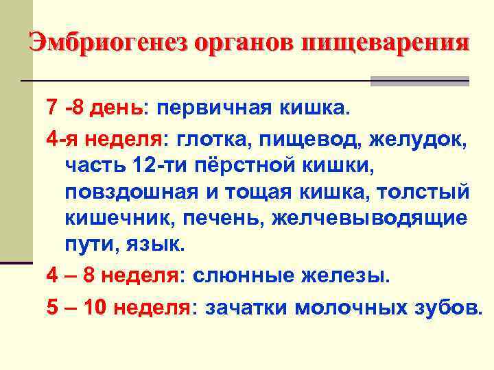 Эмбриогенез органов пищеварения 7 -8 день: первичная кишка. 4 -я неделя: глотка, пищевод, желудок,