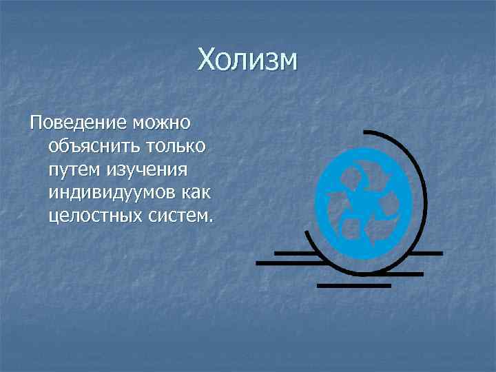Холизм Поведение можно объяснить только путем изучения индивидуумов как целостных систем. 