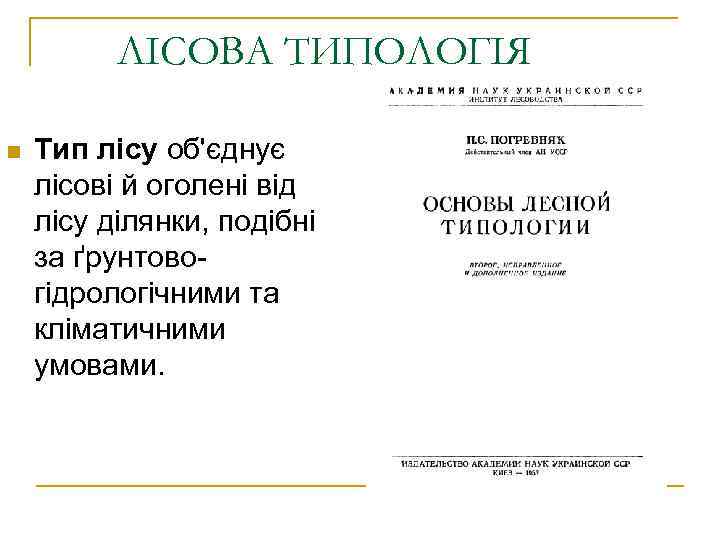 ЛІСОВА ТИПОЛОГІЯ n Тип лісу об'єднує лісові й оголені від лісу ділянки, подібні за