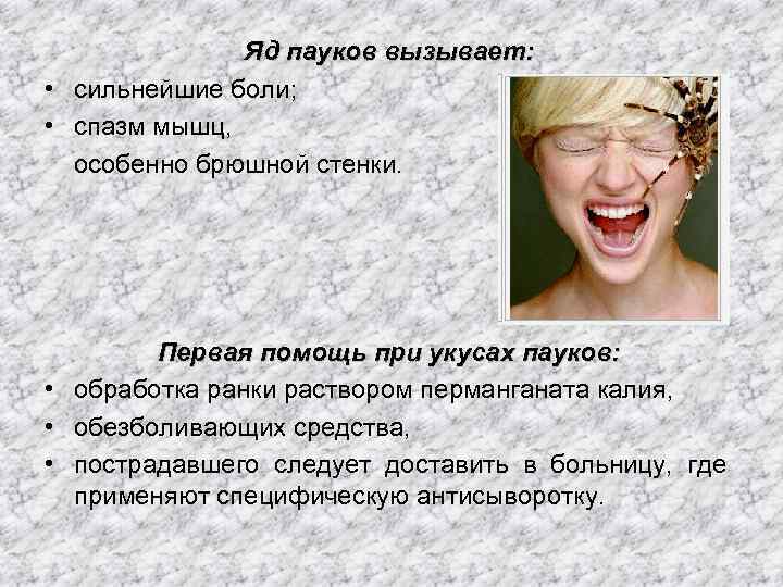 Яд пауков вызывает: • сильнейшие боли; • спазм мышц, особенно брюшной стенки. Первая помощь