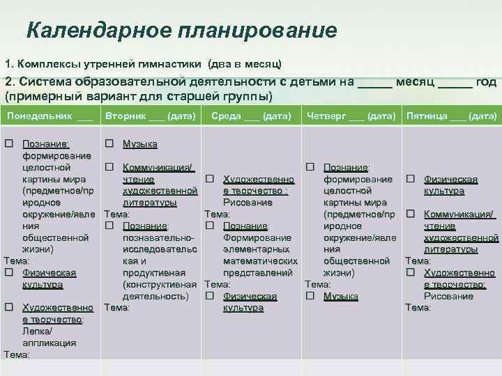 Календарное планирование 1. Комплексы утренней гимнастики (два в месяц) 2. Система образовательной деятельности с