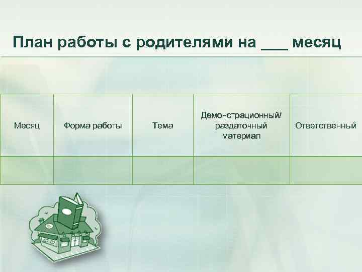 План работы с родителями на ___ месяц Месяц Форма работы Тема Демонстрационный/ раздаточный материал