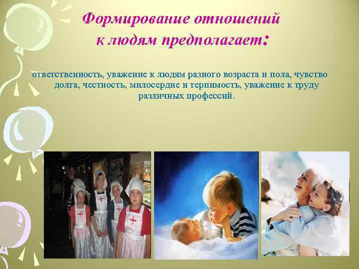 Формирование отношений к людям предполагает: ответственность, уважение к людям разного возраста и пола, чувство