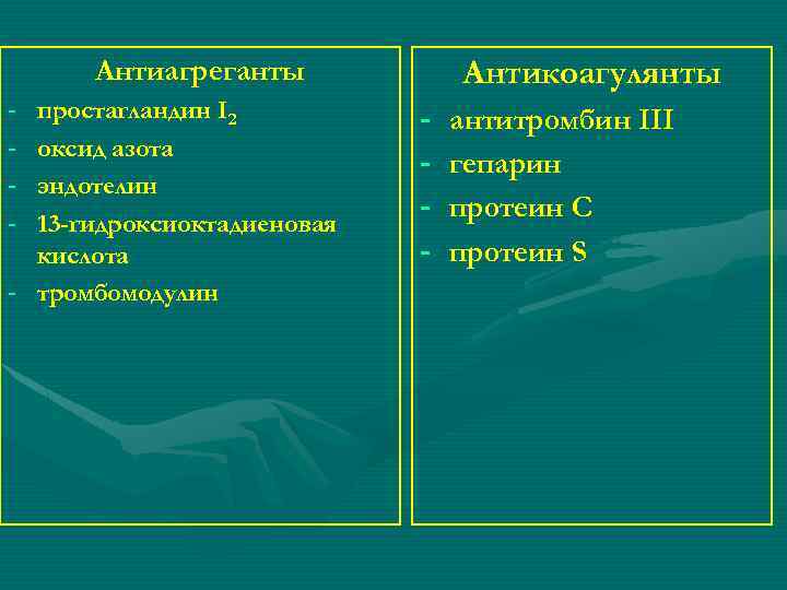 Антиагреганты - простагландин I 2 оксид азота эндотелин 13 -гидроксиоктадиеновая кислота - тромбомодулин Антикоагулянты