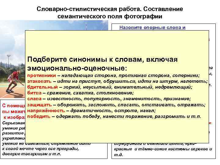 Словарно-стилистическая работа. Составление семантического поля фотографии Назовите опорные слова и словосочетания, отражающие а) содержание