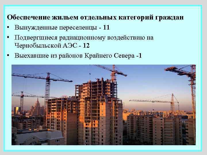 Обеспечение жильем отдельных категорий граждан • Вынужденные переселенцы - 11 • Подвергшиеся радиационному воздействию