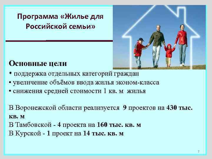Программа «Жилье для Российской семьи» Основные цели • поддержка отдельных категорий граждан • увеличение