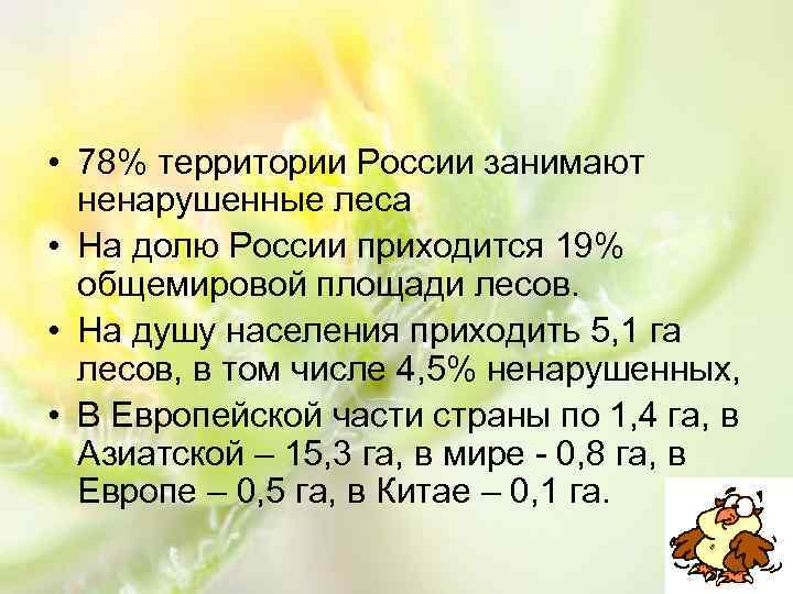  • 78% территории России занимают ненарушенные леса • На долю России приходится 19%