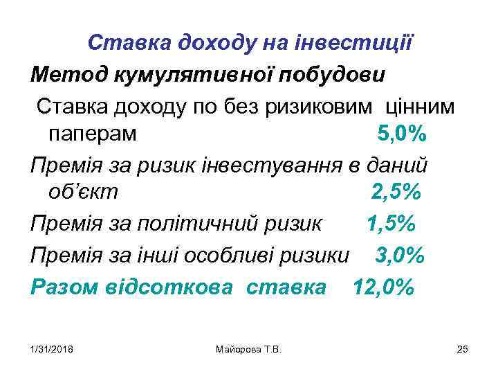 Ставка доходу на інвестиції Метод кумулятивної побудови Ставка доходу по без ризиковим цінним паперам