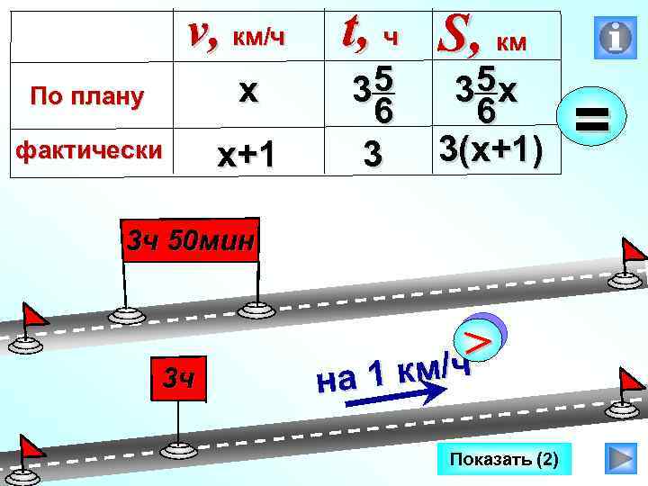 v, км/ч По плану х фактически х+1 t, ч S, км 35 6 3