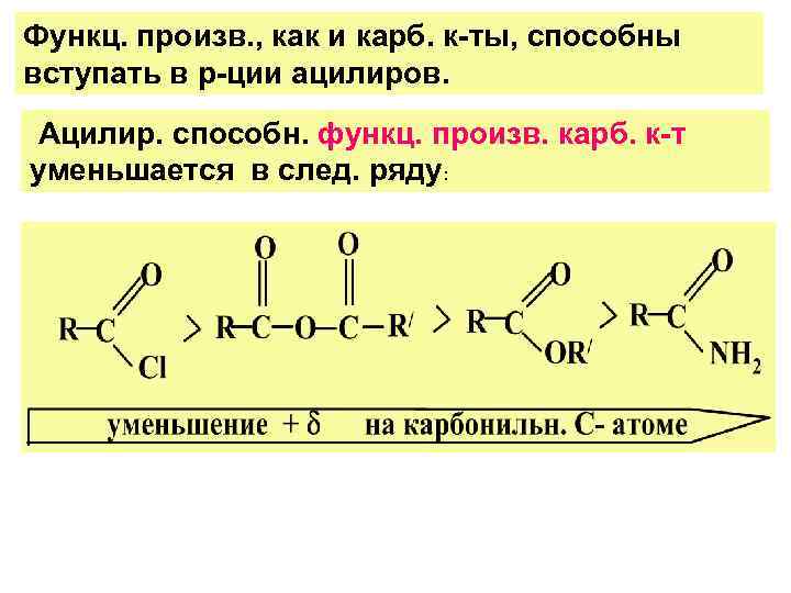 Функц. произв. , как и карб. к-ты, способны вступать в р-ции ацилиров. Ацилир. способн.