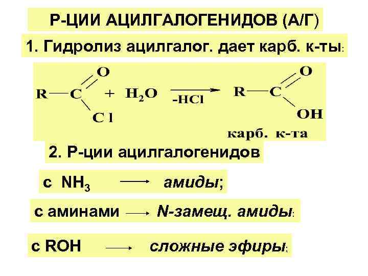 Р-ЦИИ АЦИЛГАЛОГЕНИДОВ (А/Г) 1. Гидролиз ацилгалог. дает карб. к-ты: 2. Р-ции ацилгалогенидов с NН