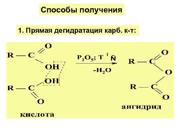 Способы получения 1. Прямая дегидратация карб. к-т: 