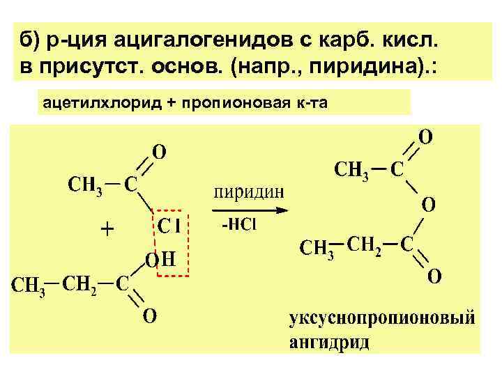 б) р-ция ацигалогенидов с карб. кисл. в присутст. основ. (напр. , пиридина). : ацетилхлорид