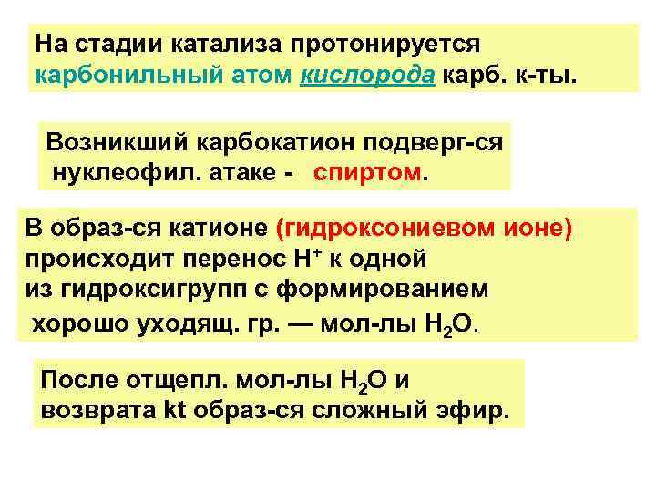 На стадии катализа протонируется карбонильный атом кислорода карб. к-ты. Возникший карбокатион подверг-ся нуклеофил. атаке