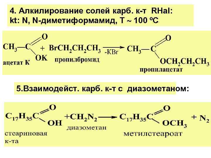 4. Алкилирование солей карб. к-т RHal: kt: N, N-диметиформамид, Т 100 ºС 5. Взаимодейст.