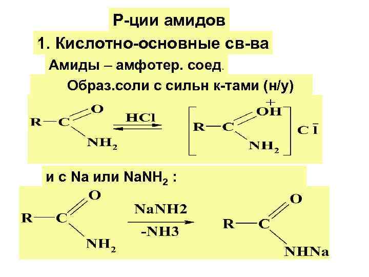 Р-ции амидов 1. Кислотно-основные св-ва Амиды – амфотер. соед. Образ. соли с сильн к-тами