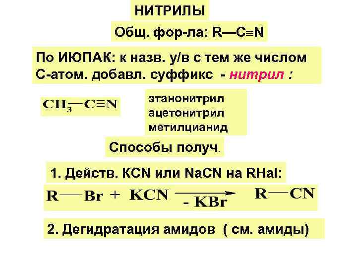 НИТРИЛЫ Общ. фор-ла: R—C N По ИЮПАК: к назв. у/в с тем же числом