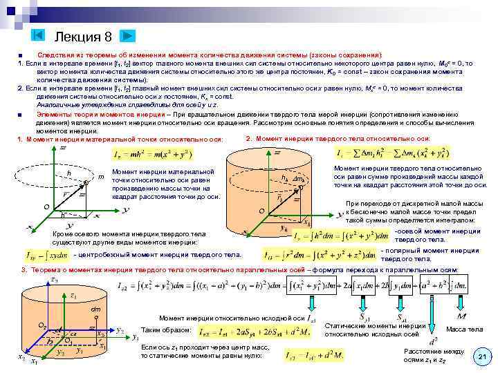 Лекция 8 ■ Следствия из теоремы об изменении момента количества движения системы (законы сохранения):