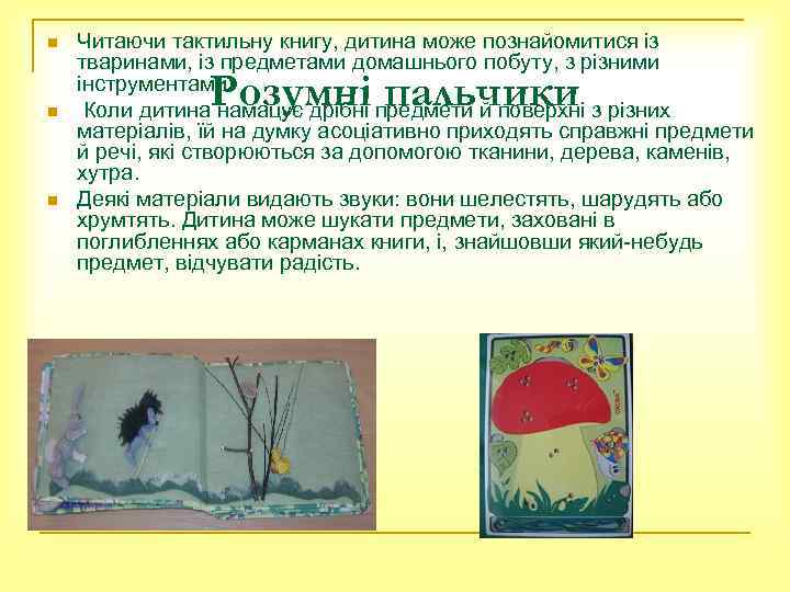 n n n Читаючи тактильну книгу, дитина може познайомитися із тваринами, із предметами домашнього