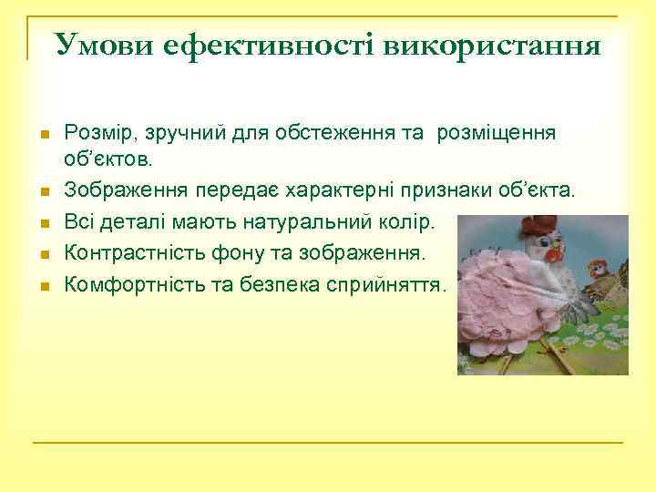 Умови ефективності використання n n n Розмір, зручний для обстеження та розміщення об’єктов. Зображення
