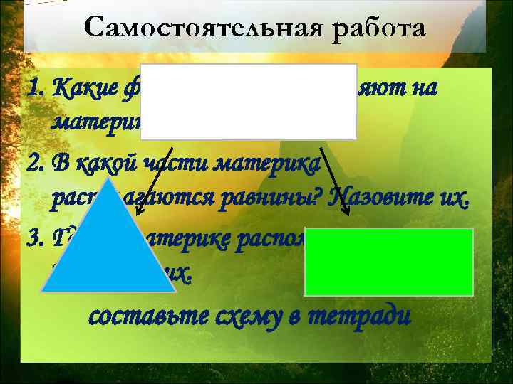 Самостоятельная работа 1. Какие формы рельефа выделяют на материке? 2. В какой части материка