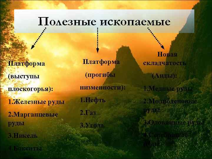 Полезные ископаемые Платформа (выступы Платформа Новая складчатость (прогибы (Анды): плоскогорья): низменности): 1. Медные руды