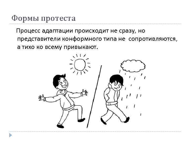 Формы протеста Процесс адаптации происходит не сразу, но представители конформного типа не сопротивляются, а