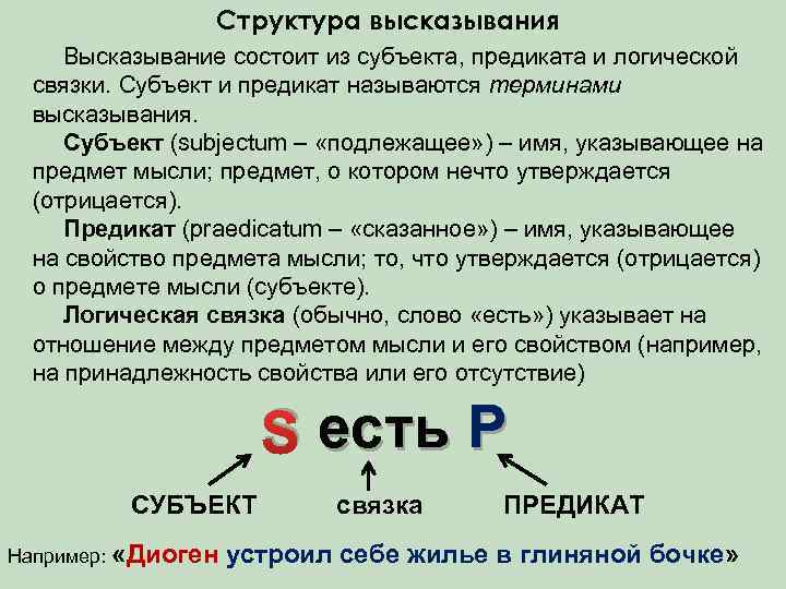 Структура высказывания Высказывание состоит из субъекта, предиката и логической связки. Субъект и предикат называются