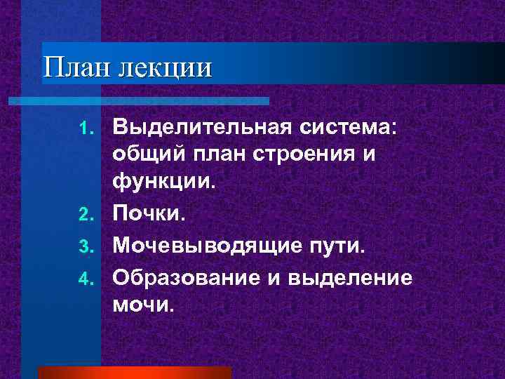 План лекции Выделительная система: общий план строения и функции. 2. Почки. 3. Мочевыводящие пути.