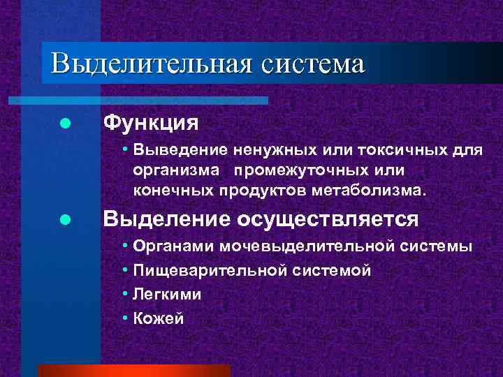 Выделительная система l Функция • Выведение ненужных или токсичных для организма промежуточных или конечных