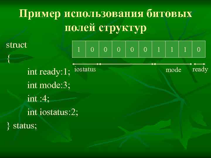 Пример использования битовых полей структур struct 1 0 { int ready: 1; iostatus int