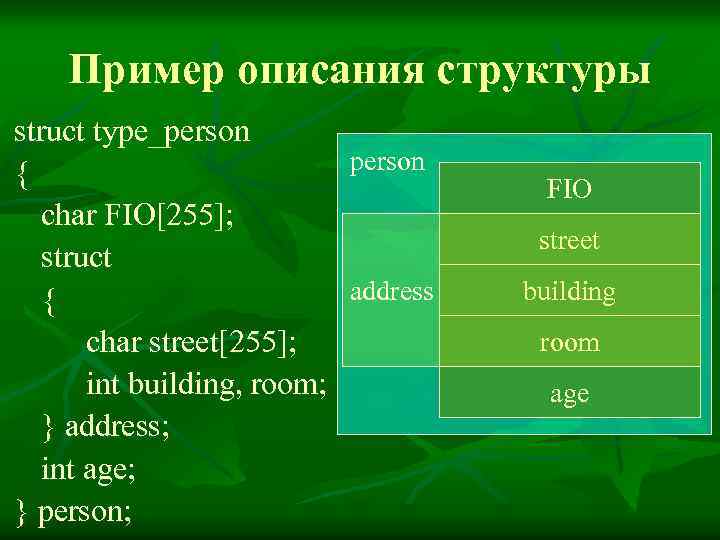 Пример описания структуры struct type_person { char FIO[255]; struct address { char street[255]; int