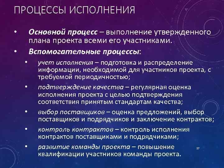 ПРОЦЕССЫ ИСПОЛНЕНИЯ Основной процесс – выполнение утвержденного плана проекта всеми его участниками. Вспомогательные процессы: