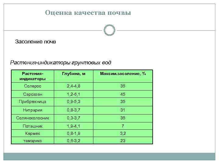 Оценка качества почвы Засоление почв Растения-индикаторы грунтовых вод Растенияиндикаторы Глубина, м Максим. засоление, %
