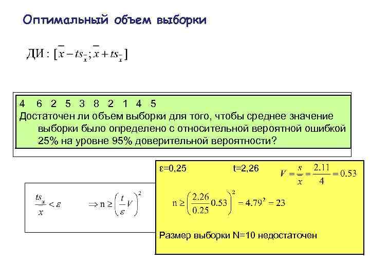 Оптимальный объем выборки 4 6 2 5 3 8 2 1 4 5 Достаточен
