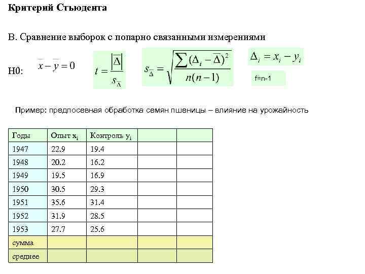 Критерий Стьюдента В. Сравнение выборок с попарно связанными измерениями H 0: f=n-1 Пример: предпосевная