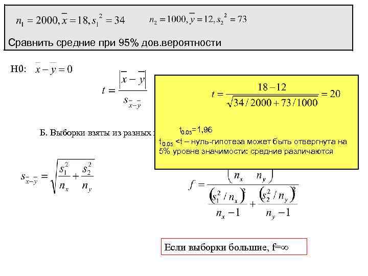Критерий Стьюдента 2) Сравнение двух при 95% дов. вероятности Сравнить средниевыборочных средних H 0: