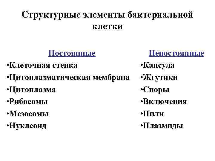 Структурные элементы бактериальной клетки Постоянные • Клеточная стенка • Цитоплазматическая мембрана • Цитоплазма •
