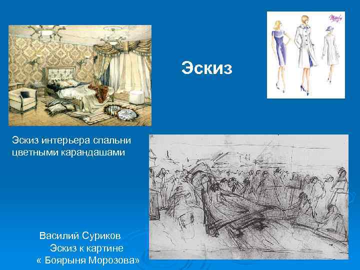  Эскиз интерьера спальни цветными карандашами Василий Суриков Эскиз к картине « Боярыня Морозова»
