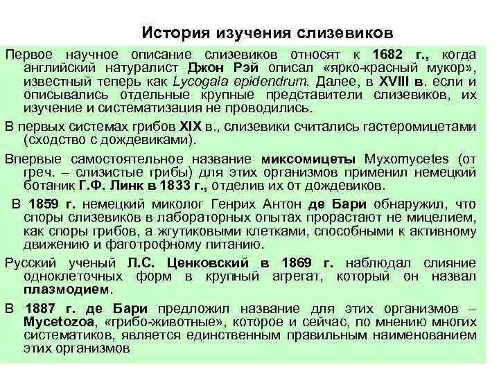 История изучения слизевиков Первое научное описание слизевиков относят к 1682 г. , когда английский