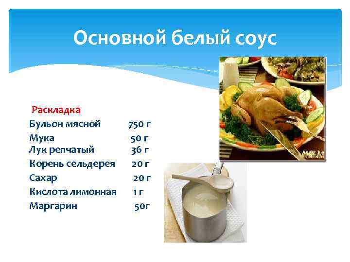 Основной белый соус Раскладка Бульон мясной Мука Лук репчатый Корень сельдерея Сахар Кислота лимонная